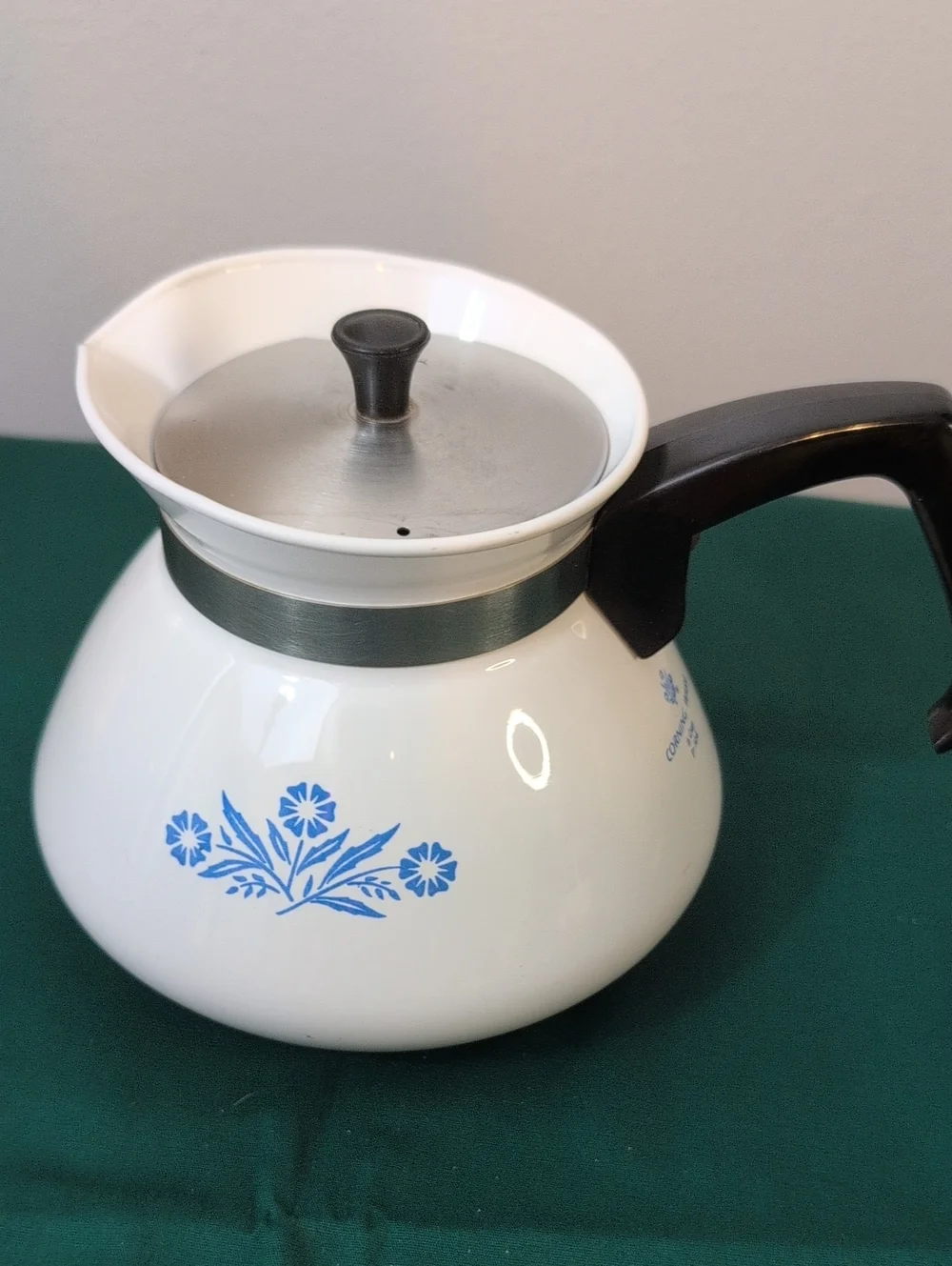 White Floral/ Blue Floral Corning Teapot with Black Handle